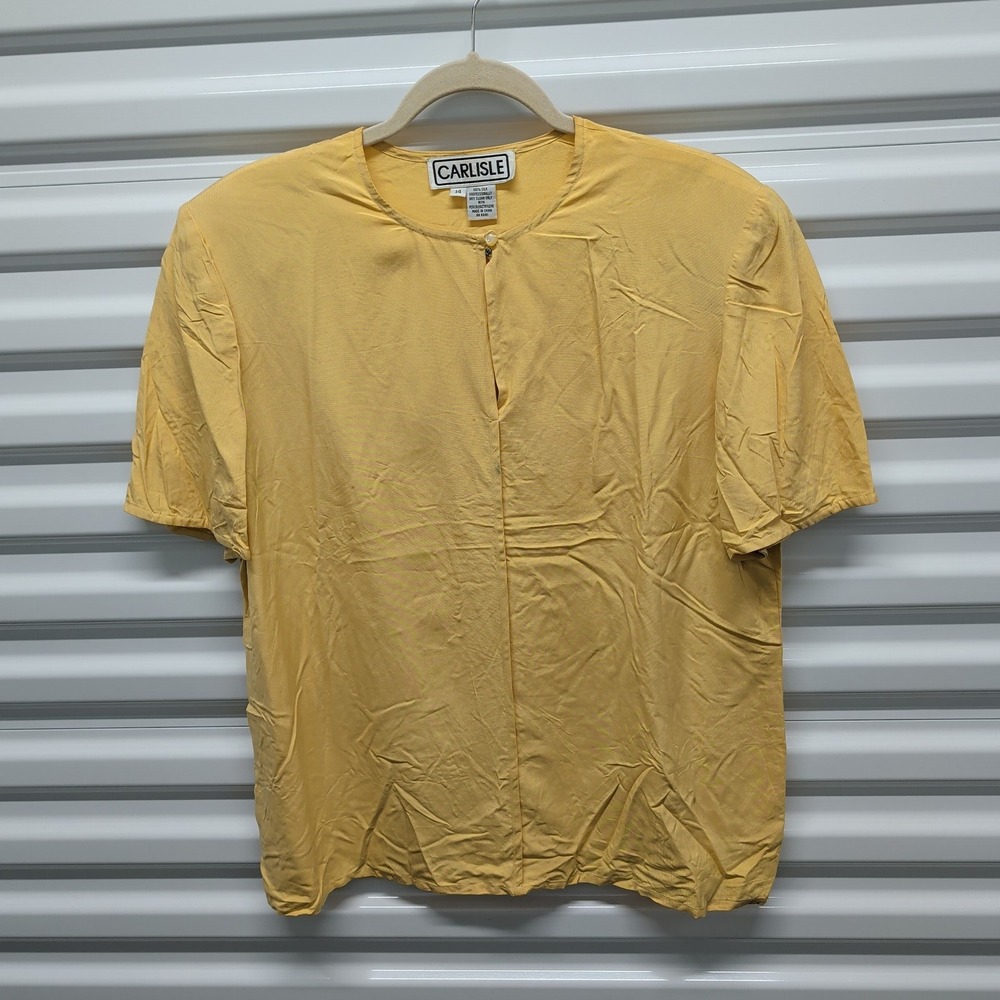 Carlisle Silk Blouse 14 Womens Yellow Short Sleeve Shoulder Pads Solid Top — photo 2